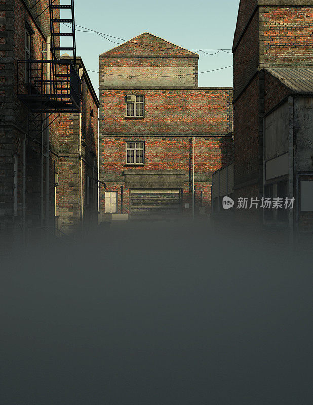 一个阳光明媚的早晨，工业区一条雾蒙蒙的小巷。3 d渲染。